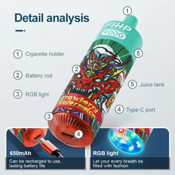 FIHP 9000 Puffs 2% 5% Low Nicotine Rechargeable Disposable Vapes Pen Bulk Buy Wholesale - AlsoVape - 13
