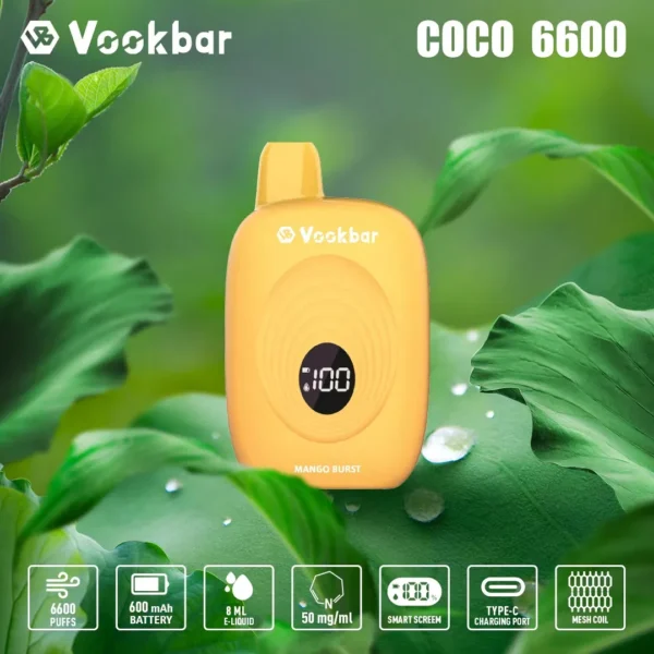 Vookbar Coco 6600 Puffs Digital Smart Screen 3% Low Nicotine Rechargeable Disposable Vapes Pen Bulk Buy Wholesale - AlsoVape - 2