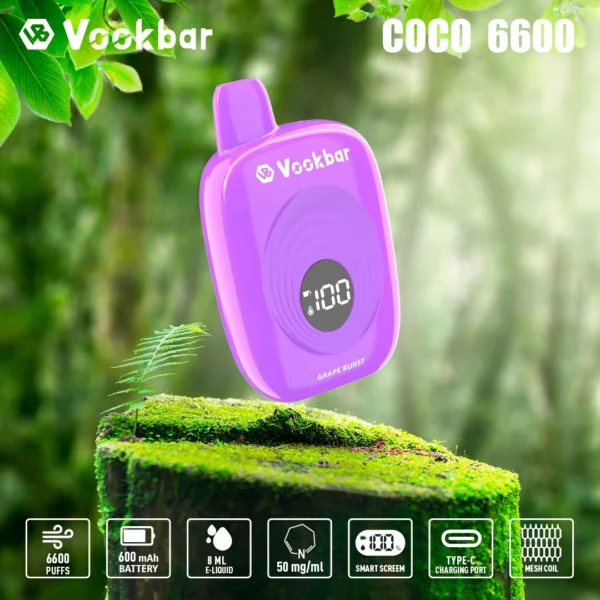 Vookbar Coco 6600 Puffs Digital Smart Screen 3% Low Nicotine Rechargeable Disposable Vapes Pen Bulk Buy Wholesale - AlsoVape - 6
